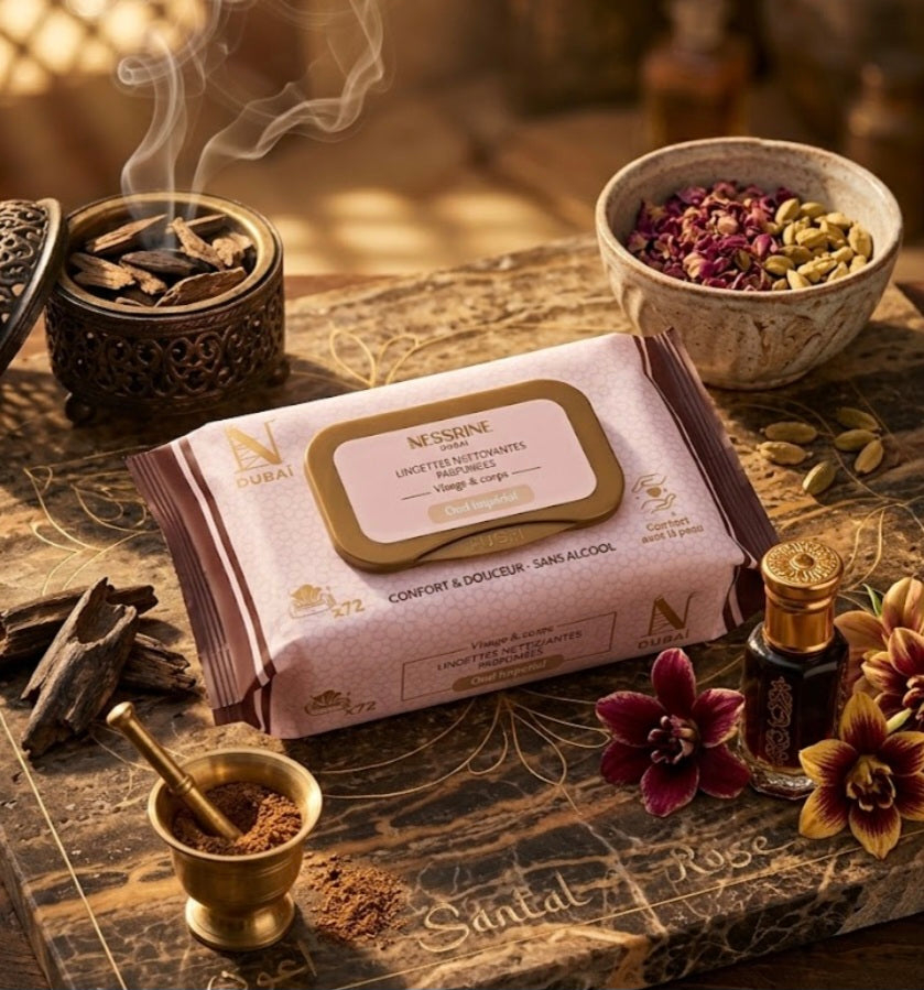 Lingettes nettoyantes parfumées .Oud impérial. Visage et corps.