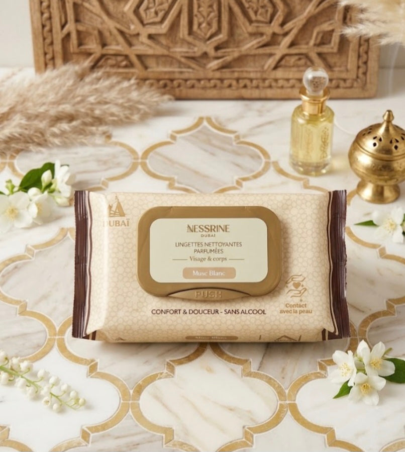 Lingettes nettoyantes parfumées. Visage et corps . Musc blanc